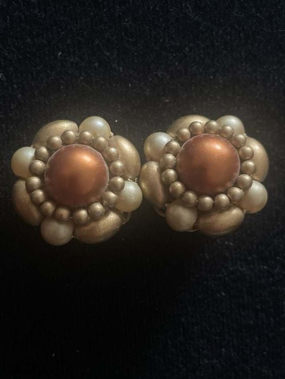 Vintage Mid-Century Copper and Faux Pearl Cluster Flower Clip-On Earrings